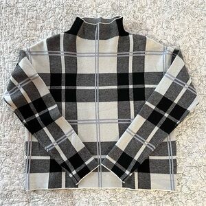 Tahari Black & White Plaid Knit Mockneck Cropped Sweater Luxury Sophisticated